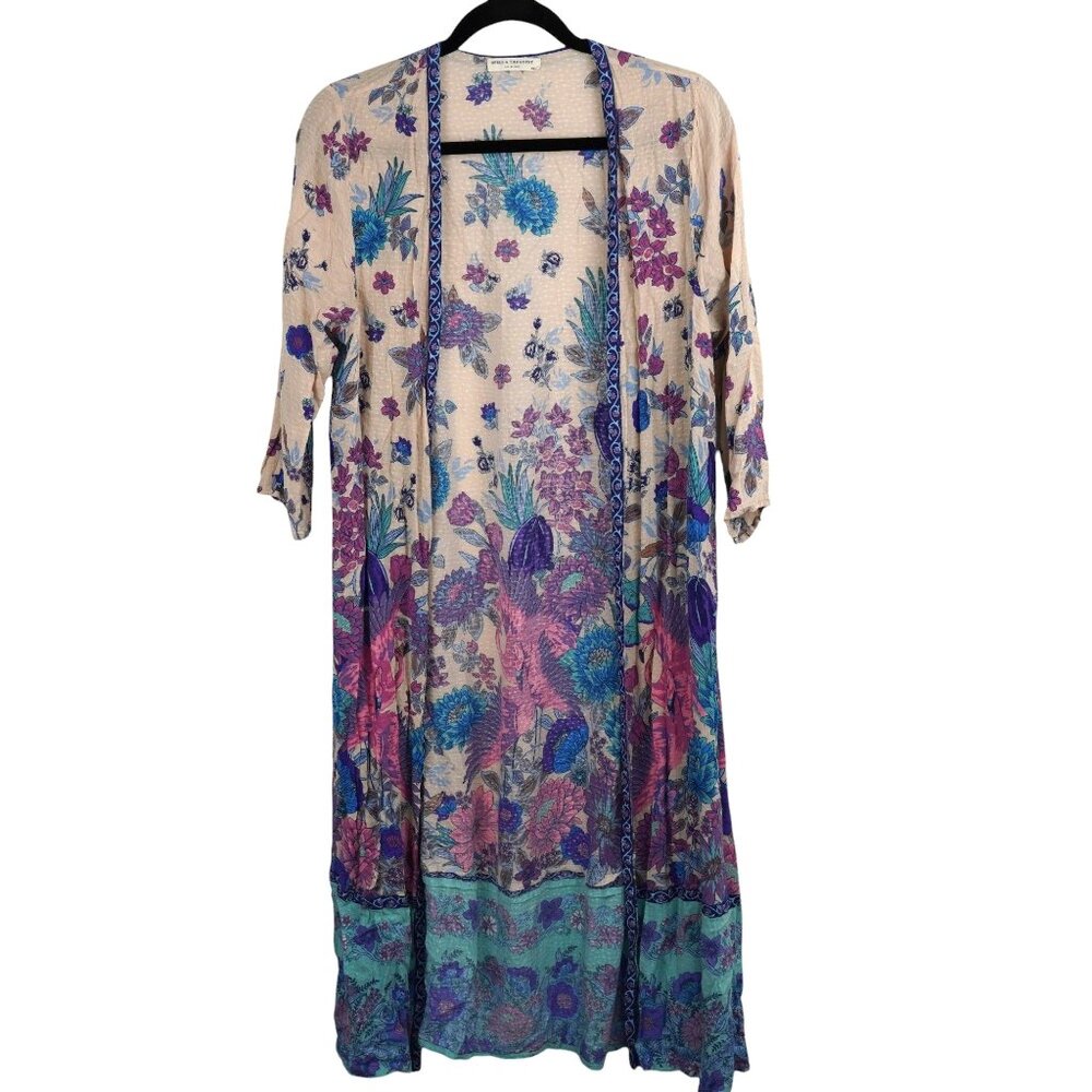 Spell Floral Long Swim Coverup in Cream, Purple & Teal